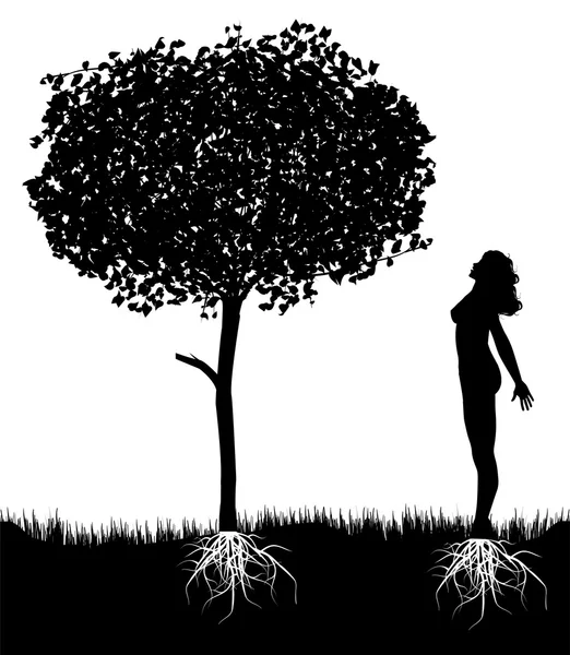 Dívka silueta v přijímání se stromem — Stockový vektor