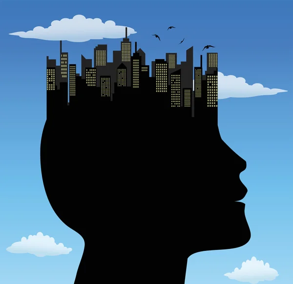 Man profile with city on the head — Stock Vector