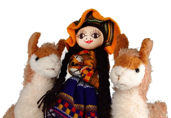 Peruvian Indian doll and llamas — Stock Photo, Image