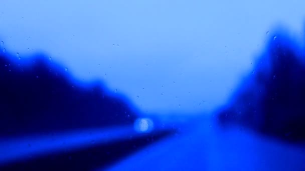 Σταγόνες βροχής σε ένα αυτοκίνητο παρμπρίζ — Αρχείο Βίντεο