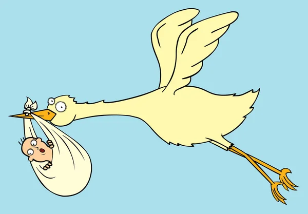 Cigüeña voladora con bebé — Vector de stock