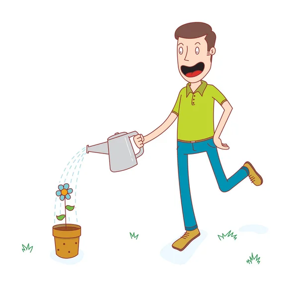 Man Watering Flower Pot — Stock Vector