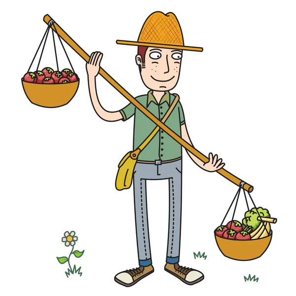 Happy Vegetable Grower Carries Some Vegetable — Stock Vector