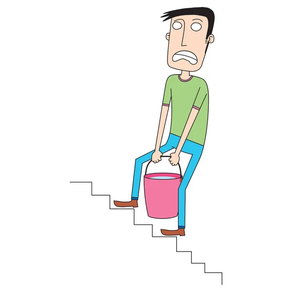 Man Carries Big Bucket Stair — Stock Vector
