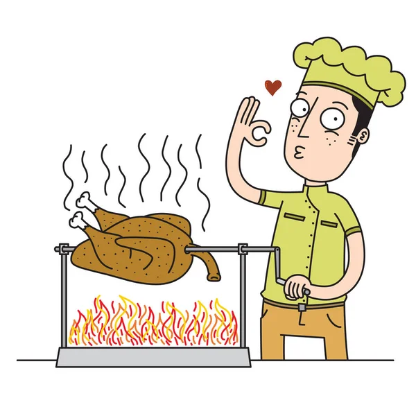 Chef Roasts Delicious Chicken — Stock Vector