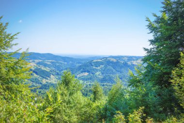 Pysanyj taşına giden dağların manzarası. Karpatlar.