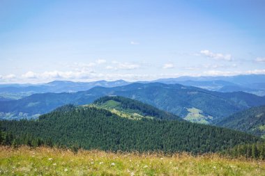 Yazılı taşa giden güzel bulutlu dağların manzarası. Karpatlar.