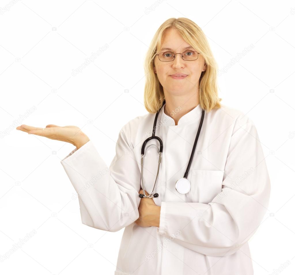 Doctor showing, giving or presenting something