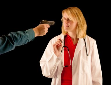 A person hold the doctor at gunpoint clipart