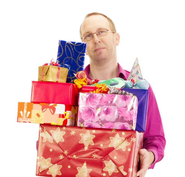 Homme d'affaires avec beaucoup de cadeaux — Photo