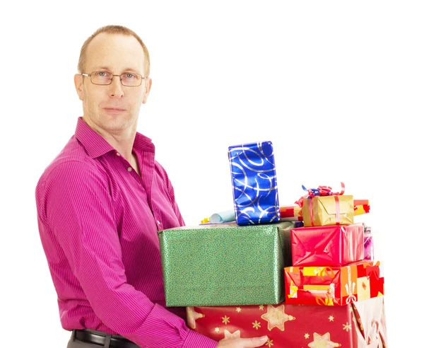 Business person with a lot of gifts — Stock Photo, Image