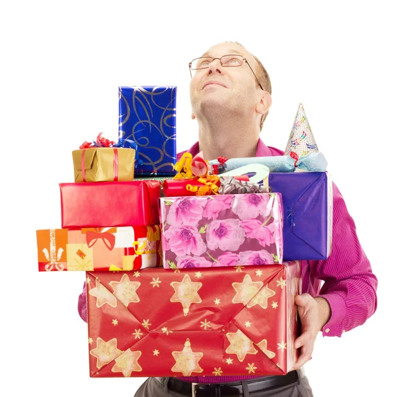 Business person with a lot of gifts — Stock Photo, Image