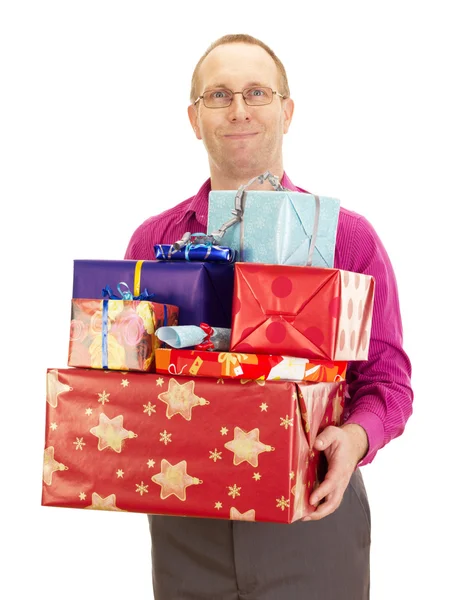 Business person with a lot of gifts — Stock Photo, Image