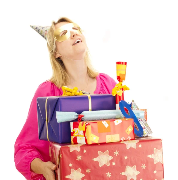 Женщина с большим количеством подарков — стоковое фото