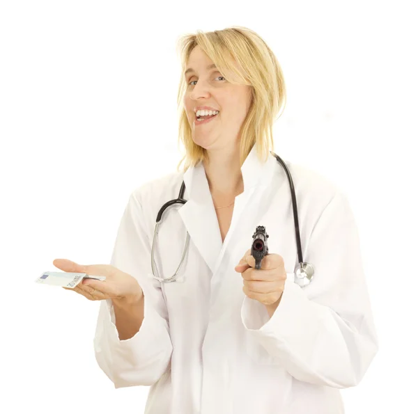 Medical doctor with a gun and money — Stock Photo, Image