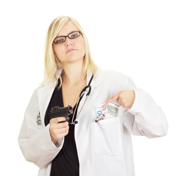 Medical doctor with a gun and money — Stock Photo, Image