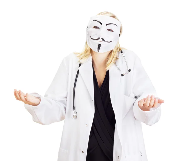 Médico médico con un chico fawkes máscara —  Fotos de Stock