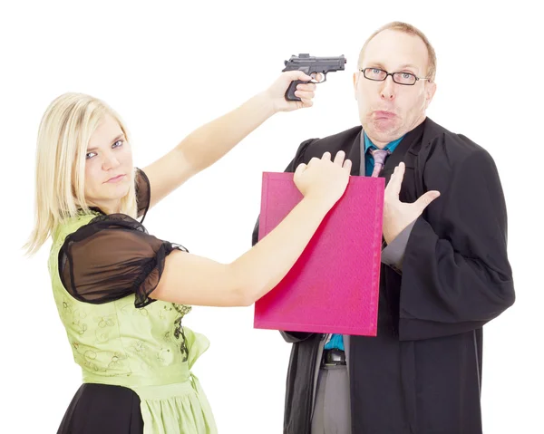 Young woman hold a lawyer at gunpoint — Stock Photo, Image