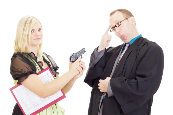 Young woman hold a lawyer at gunpoint — Stock Photo, Image