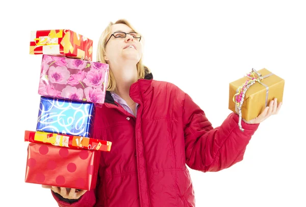 A female person throwing a colorful gift — Stock Photo, Image