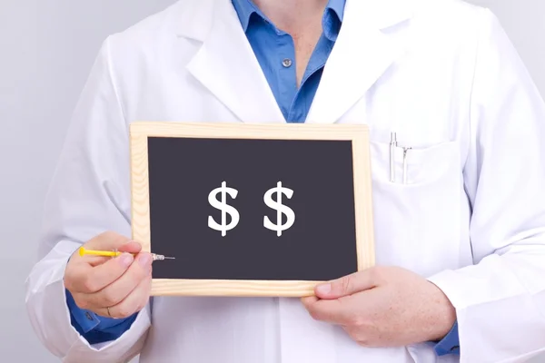 Doctor shows information on blackboard: dollars — Stock Photo, Image