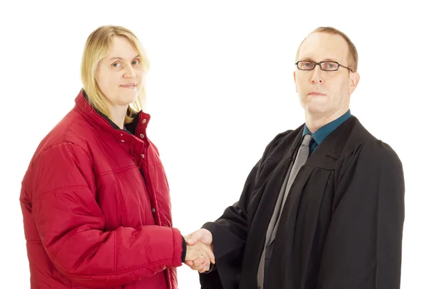 Advocaat en cliënt schudden handen — Stockfoto