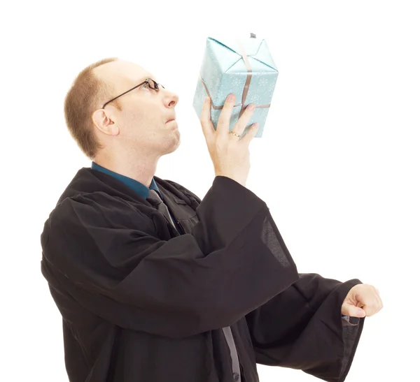 Lawyer throwing a colorful gift — Stock Photo, Image