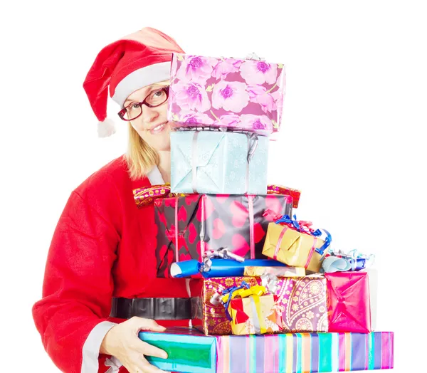 Санта Клаус з великою кількістю подарунків — стокове фото