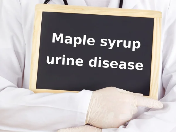 Il medico mostra informazioni sulla lavagna: sciroppo d'acero malattia delle urine — Foto Stock