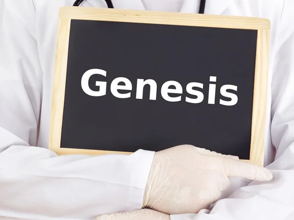 Doctor shows information on blackboard: genesis — Stock Photo, Image