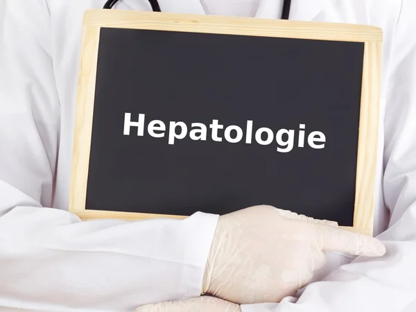 Doctor shows information on blackboard: hepatology — Stock Photo, Image