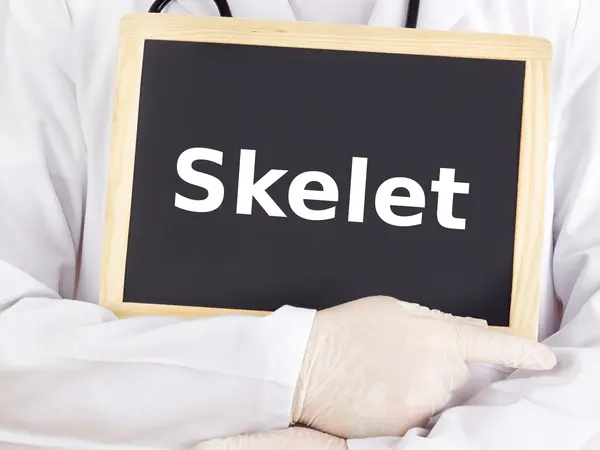 Doctor shows information on blackboard: skeleton — Stock Photo, Image