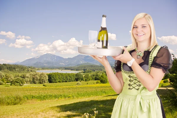 Young waitress with tray — Stock Photo, Image