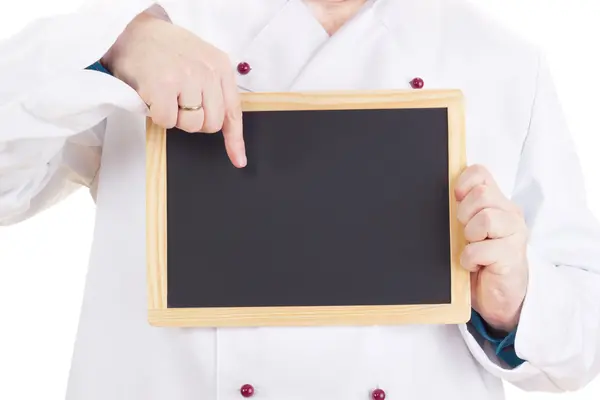 Chef-kok met blackboard — Stockfoto