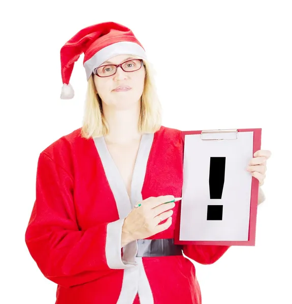 Vrouwelijke santa tonen iets op Klembord — Stockfoto