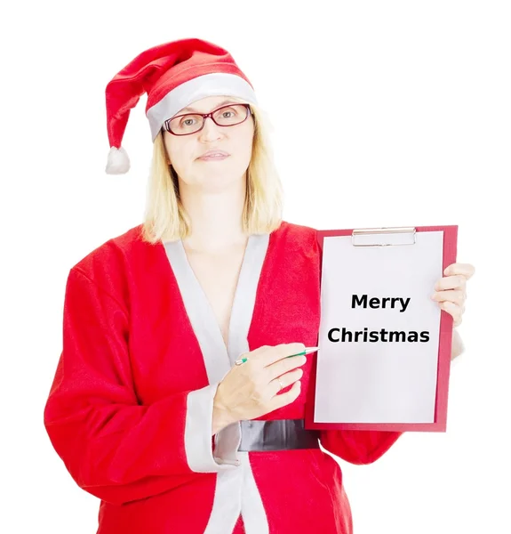 Female santa showing something on clipboard — Stock Photo, Image