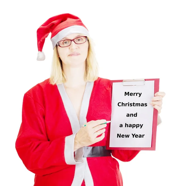 Female santa showing something on clipboard — Stock Photo, Image