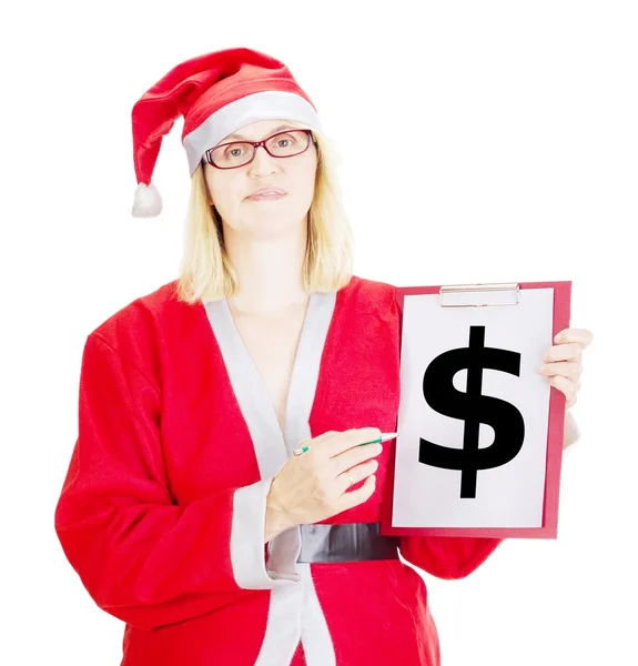 Vrouwelijke santa tonen iets op Klembord — Stockfoto