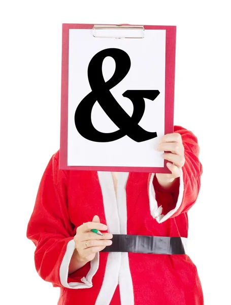 Female santa showing something on clipboard — Stock Photo, Image