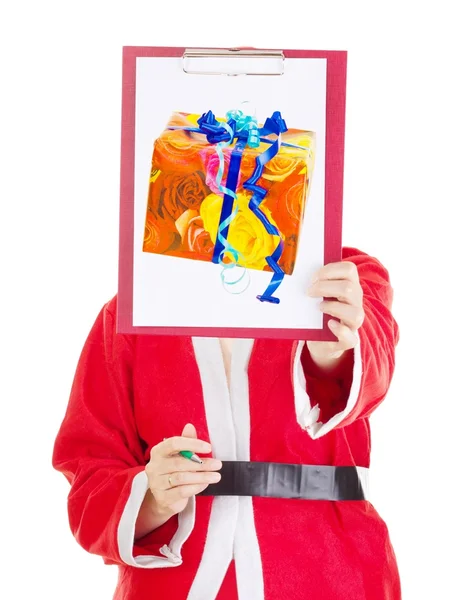 Female santa showing something on clipboard — Stock Photo, Image