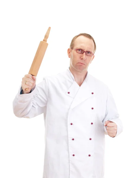 Angry chef with rolling pin — Stock Photo, Image