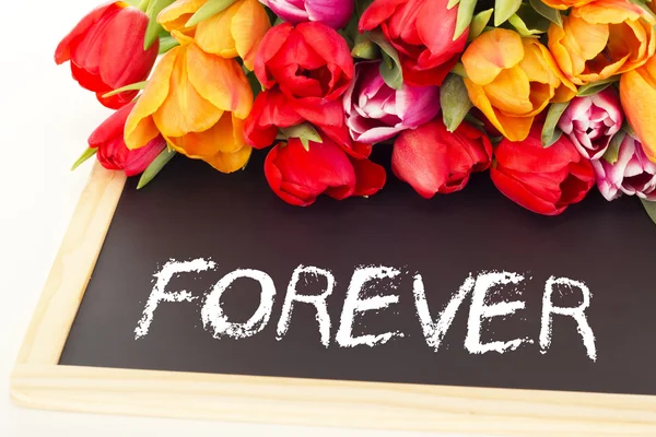 Bunch of tulips with blackboard: forever — Stock Photo, Image