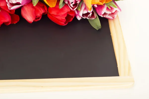 Bando de tulipas com quadro-negro — Fotografia de Stock