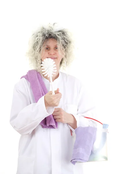 Female cleaner in white work coat — Stock Photo, Image