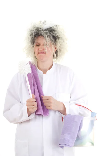 Female cleaner in white work coat — Stock Photo, Image