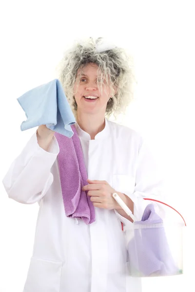Female cleaner in white work coat — Stock Photo, Image
