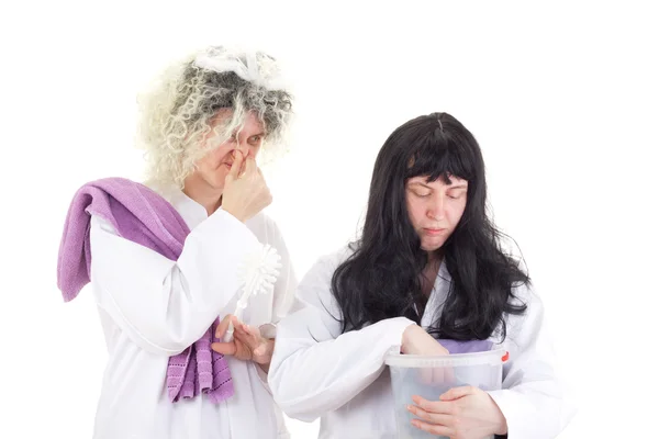 Female cleaners in white work coats — Stock Photo, Image