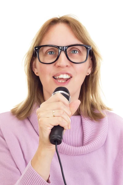 Mulher bonita com microfone — Fotografia de Stock