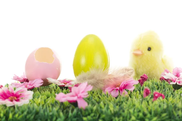 Küken auf Gras mit Blumen und Ostereiern — Stockfoto