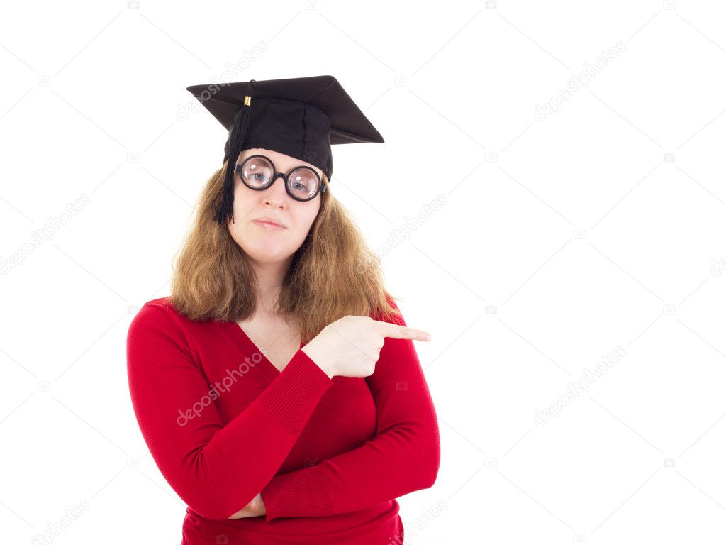 Female graduate pointing to something
